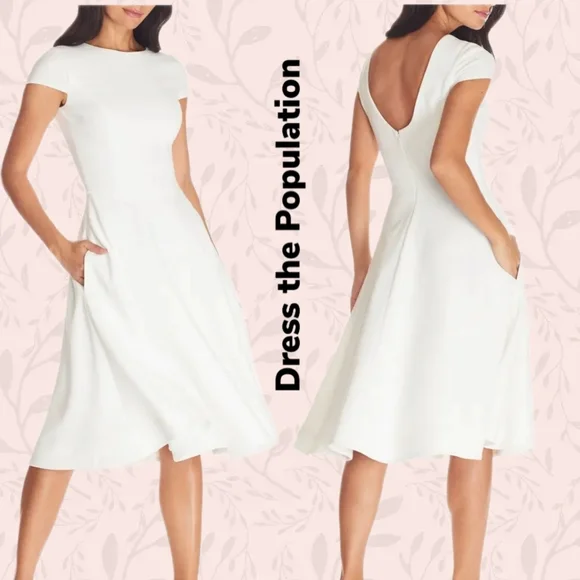Dress The Population Livia Ivory Fit & Flare Dress Sz L Pockets Crepe Elegant. Dress The Population Livia Ivory Fit & Flare Dress Sz L Pockets Crepe Elegant.